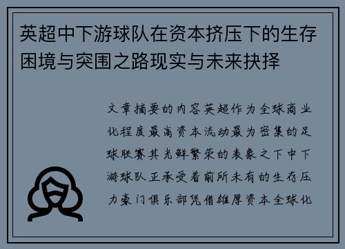 英超中下游球队在资本挤压下的生存困境与突围之路现实与未来抉择