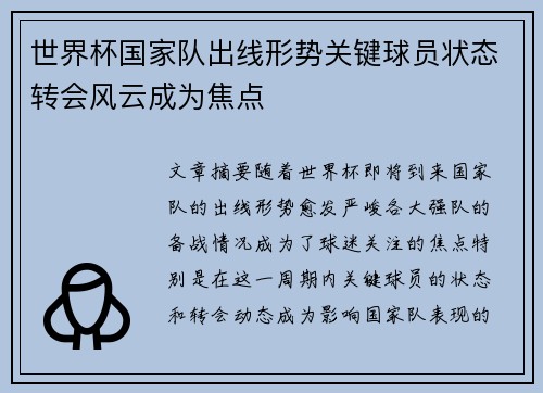 世界杯国家队出线形势关键球员状态转会风云成为焦点